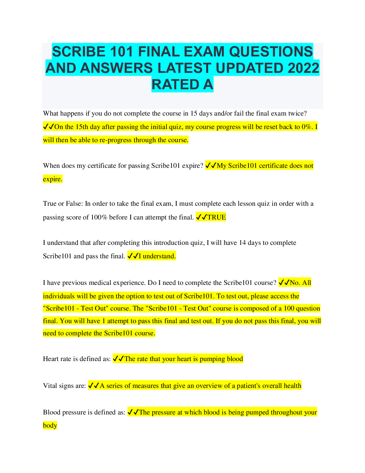 Preview of SCRIBE 101 FINAL EXAM QUESTIONS AND ANSWERS LATEST UPDATED 2022 RATED A